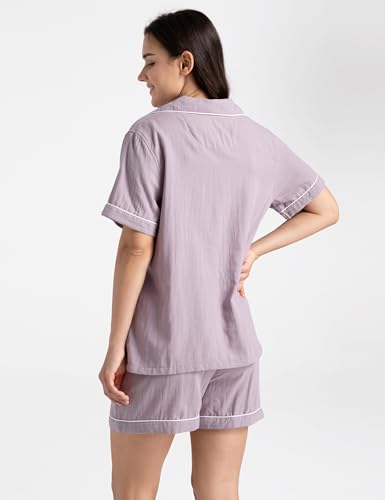 Womens Muslin Pajama Sets 100% Cotton Double Gauze Linen Like Short Pjs - color: Purple, size: Medium