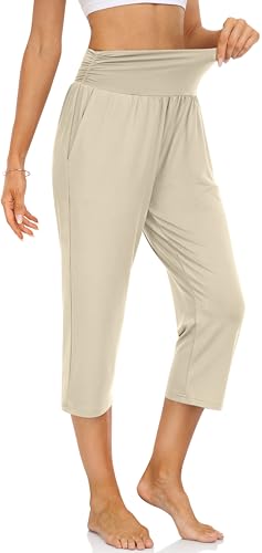 UEU Women's Yoga Capri Pants Loose Soft Drawstring Workout Sweatpants - color: Cream, size: X-Large