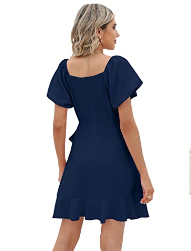 Sampeel Womens Summer Dresses Square Neck Puff Sleeve Tie Waist Short Dress - color: Blue, size: Medium