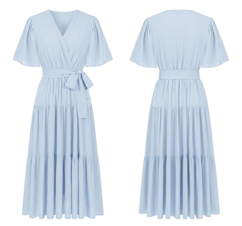 R.Vivimos Womens Summer Casual Ruffle A-Line Midi Dress - color: Skyblue-shortsleeve, size: Medium
