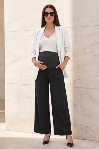 OUGES Women's Wide Leg Summer Business Casual Maternity Pants with Pockets - color: Black, size: Large