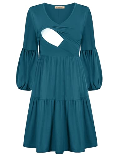 CzzzyL Women's Maternity Nursing Dress Ruffle Lantern Long Sleeve V Neck Breastfeeding with Pockets