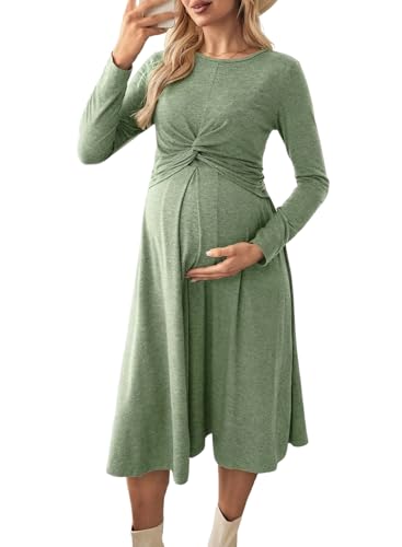 BLENCOT Maternity Nursing Midi Dress Twist Knot Pull Up Feed Postpartum - color: Grass Green, size: Medium