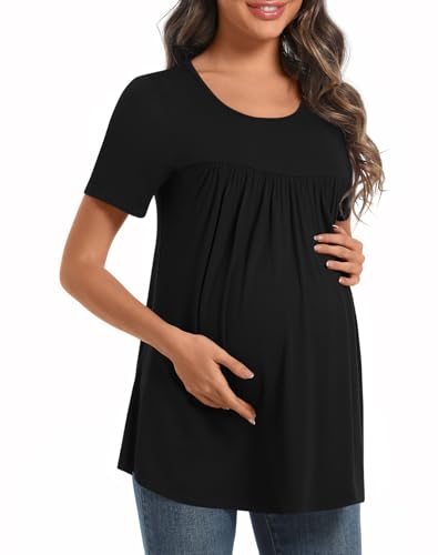 Maternity Tops for Women Summer Pleated Shirt - color: Black, size: Small