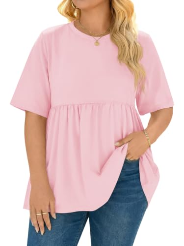 Beautife Womens Plus Size Babydoll Tops Summer Peplum Flowy Tunic Blouses - color: Pink, size: 3X-Large Plus