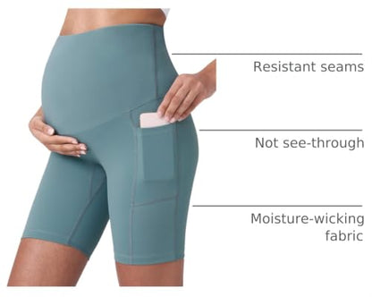 POSHDIVAH Maternity Biker Shorts Over the Belly with Pockets 5"/8" - color: Light Green, size: Large