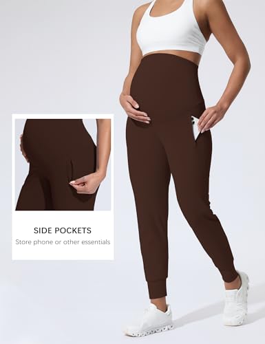 Mama Land Maternity Joggers Over Belly Pants with Zipper Pockets - color: Toasted Brown, size: Medium