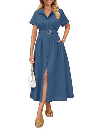 ZESICA Women's Summer Button Down Short Sleeve Midi Dress - color: Navy, size: Small