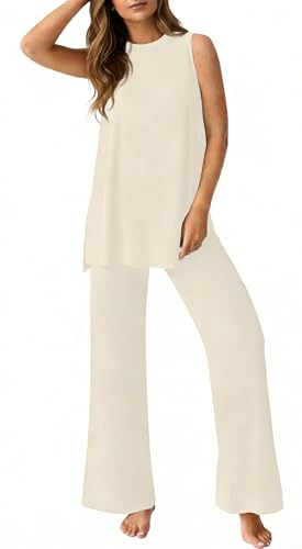 PrinStory Womens Pajamas Sets Sleeveless Pjs Set S-4XL - color: Beige Apricot, size: Large