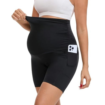Maternity Biker Shorts with Pockets Over The Belly 6" - color: Black, size: X-Large