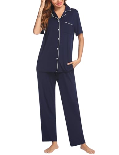 Ekouaer Womens Pajamas Set Short Sleeve Button Down Top & Pants Lounge Pjs - color: Navy Blue, size: Large
