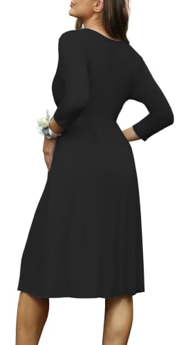 Fall Maternity Midi Dress V Neck 3/4 Sleeve Baby Shower - color: Black, size: Medium