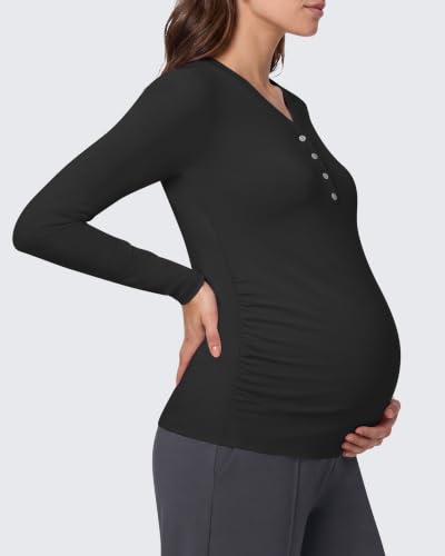 G4Free Lyocell Maternity Shirts Long Sleeve Button Front Henley Neck Ruched - color: Black, size: Large
