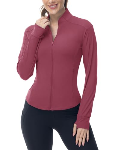 BGOWATU Women's Workout Athletic Jacket Zip Up Running Jackets Thumb Hole - color: Berry Red, size: Large