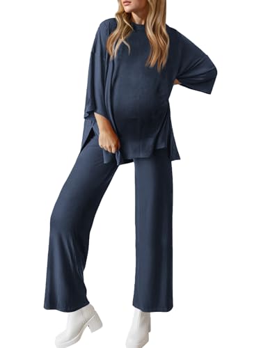 FMEYOA Womens Maternity Pajamas Sets 2 Piece Outfits Long Sleeve Tops and Pregnancy Loungewear Mama Clothes with Pockets - color: 04-dark Blue, size: Large