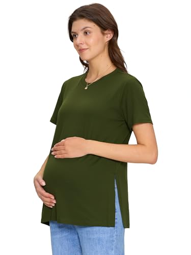 3 Pack Women's Maternity Shirts, Crew Neck Pregnancy Clothes Short Sleeve - color: Black/Light Gray/Army Green, size: Large