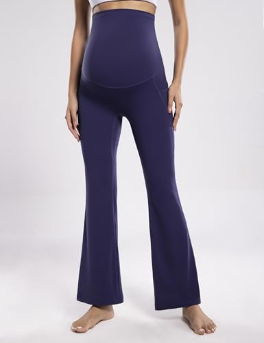 POSHDIVAH Maternity Flare Leggings with Pockets - color: Navy Blue, size: X-Large