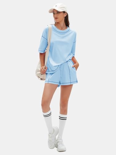 EXLURA Womens Short Sets 2 Piece Outfits Summer 100% Cotton Matching Set - color: Light Blue, size: Small