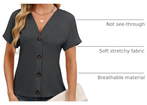 TICTICMISS Womens Summer Tops Short Sleeve Button Down V Neck T Shirts - color: Charcoal, size: Medium