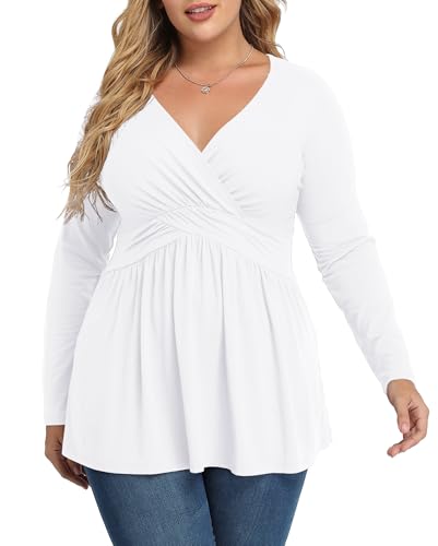 TIANZHU Women's Plus Size V Neck Long Sleeve Lightweight Tunics Tops - color: White, size: 4X-Large