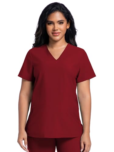 COZYFIT Maternity Scrub Top, V-Neck Pregnancy Shirt with 2 Pockets - color: Burgundy, size: X-Small