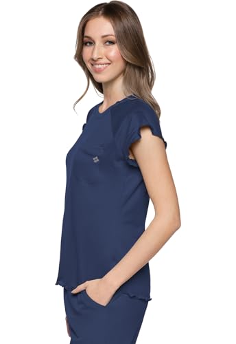 Med Couture Layers Womens Scrubs Top Rib Knit Neck Chest Pocket - color: Navy, size: X-Small