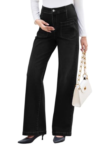 BLENCOT Maternity Jeans Wide Leg High Waist Denim Pants with Pockets - color: Black, size: Medium