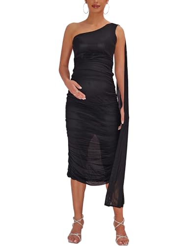Maternity Dress Ruched One Shoulder Midi Dress for Baby Shower - color: Black, size: Medium