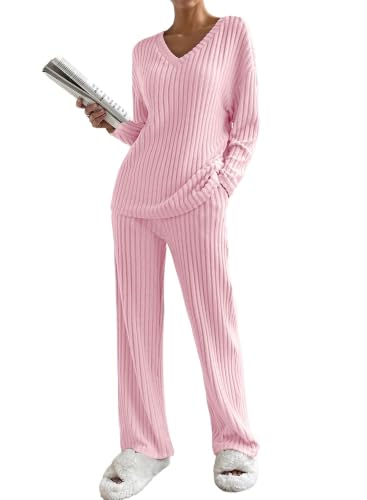 SHEWIN Women's Pajama Sets Ribbed Knit 2 Piece Lounge Sets - color: B Hot Pink, size: X-Large
