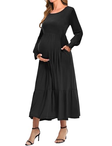 CzzzyL Women Nursing Dresses Crew Neck Fall Maternity Tiered with Pockets - color: Black, size: Medium