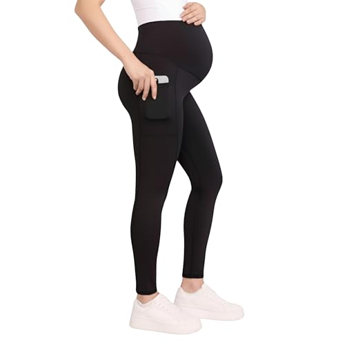 Motherhood Maternity Women's Over the Belly Workout Activewear Pregnancy Leggings with Pockets - color: Black, size: X-Small