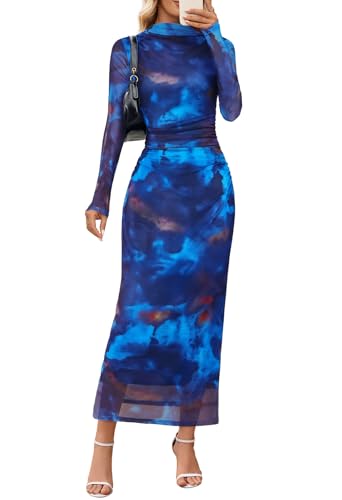 MEROKEETY Womens Fall Long Sleeve Floral Wedding Guest Maxi Dress - color: Blue, size: Small