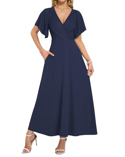 AUSELILY Maxi Dresses Women 2026 Ruffle Sleeve V Neck Summer Wrap Dress - color: Navy Blue, size: Medium
