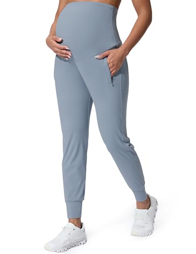 Mama Land Maternity Joggers Over Belly Pants with Zipper Pockets - color: Denim Blue, size: Medium