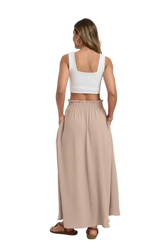 Womens Maxi Skirt with Pockets Elastic Waist Pleated A Line Summer - color: Coffee Gray, size: Small