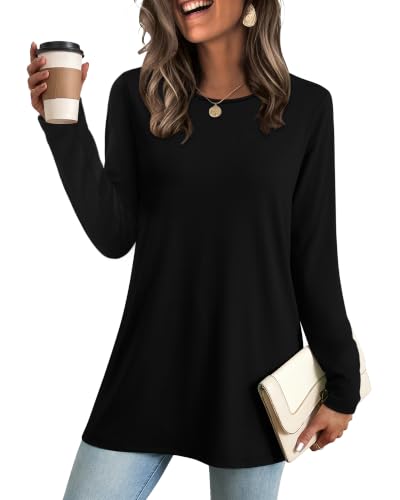 OFEEFAN Fall Long Sleeve Shirts For Women Casual Crew Neck Tunic Tops - color: Black, size: XX-Large