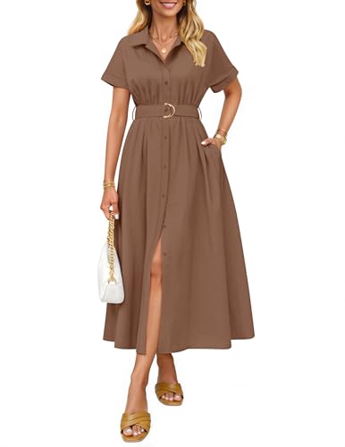 ZESICA Women's Summer Button Down Short Sleeve Midi Dress - color: Coffee, size: Small