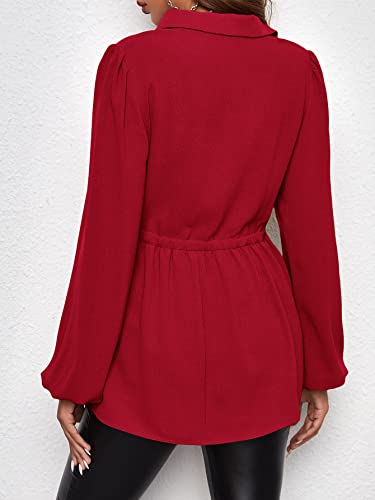 MakeMeChic Women's Maternity Blouse Long Sleeve Belted Button Down Tops - color: Burgundy, size: Small