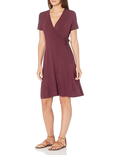 Amazon Essentials Women's Short Sleeve V Neck Faux-Wrap Dress, Fitted - color: Burgundy, size: Medium