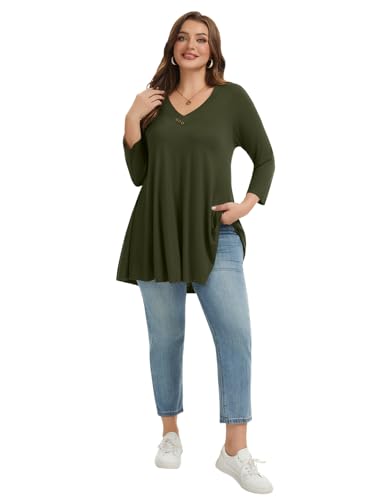 LARACE Plus Size Tunic Womens 3/4 Sleeve Tops V Neck Swing Loose Blouses - color: Army Green, size: 2X
