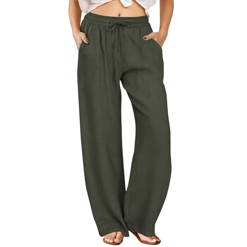 FireSwan Linen Pants Women Drawstring Elastic Waist Wide Leg Palazzo Pants - color: Green, size: X-Large