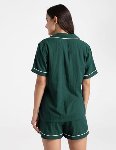 Womens Muslin Pajama Sets 100% Cotton Double Gauze Linen Like Short Pjs - color: Dark Green, size: Large