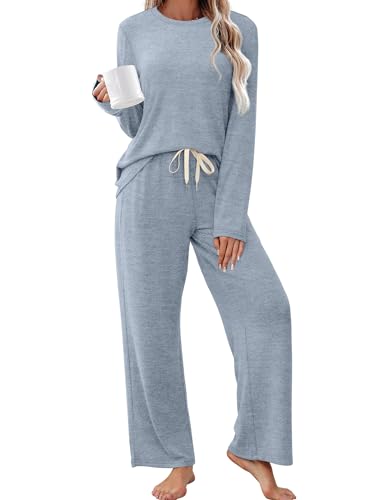 SAMPEEL Pajamas for Women Set Comfy Lounge Sets Two Piece Long Sleeve Cute Pjs Soft Sleepwear Winter Clothing - color: Light Blue, size: Small