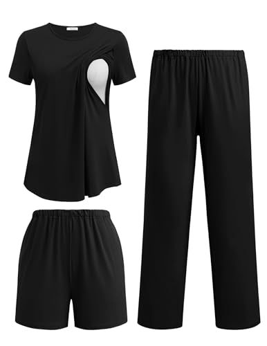 Ekouaer 3 Piece Maternity Nursing Pajamas Set Short Sleeve Breastfeeding Pjs - color: Black, size: XX-Large