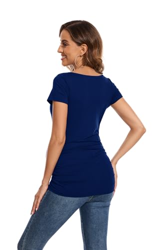 Smallshow Women's 4 Pack Maternity Shirts Short Sleeve Pregnancy Tops Clothes - color: Black-deep Green-navy-white Stripe(4 Pack), size: Medium
