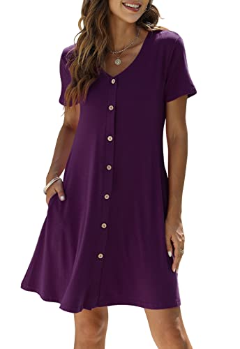 Manydress Women's Button Down Summer Dress Short Sleeve with Pockets - color: Dark Purple, size: Medium