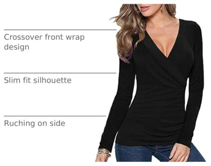 Afibi Womens Slim Fitted Deep V Neck Cross Wrap Top Long Sleeve T-Shirts - color: Black, size: Medium