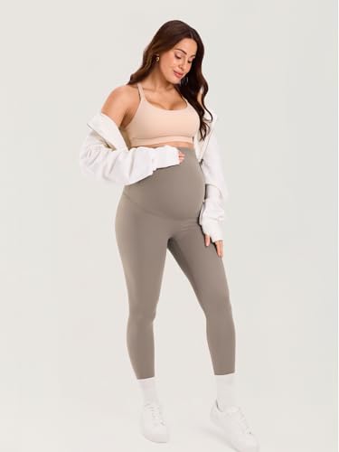 MOMANDA No Front Seam Maternity Leggings 28“ - color: Khaki Taupe, size: Small