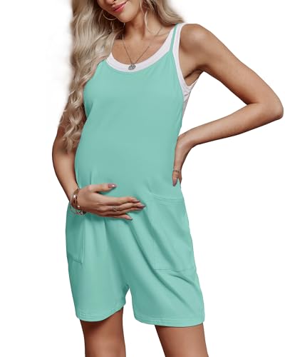 FMEYOA Maternity Romper Sleeveless Overall Shorts Jumpsuit with Pockets - color: Mint Green, size: Medium