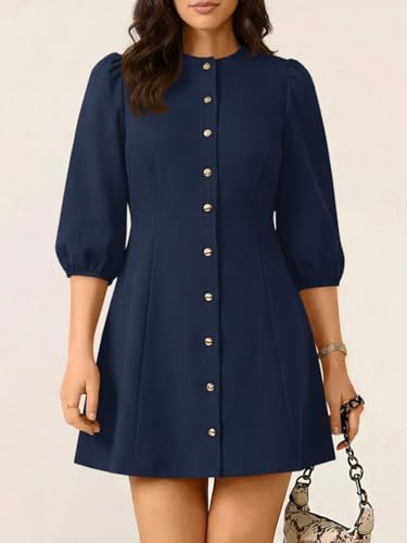 Wenrine Womens Work Mini Dress 3/4 Sleeve Button Down Business Dresses - color: Navy, size: Small